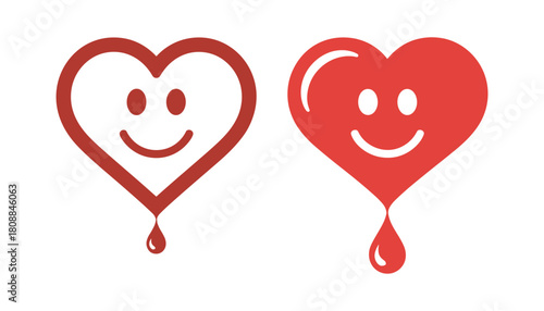 Two red heart shapes with smiley faces and dripping liquid drops below vector