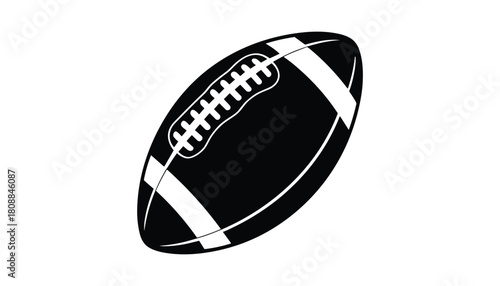 Black and white graphic illustration of an American football with laces and stripes on a white background