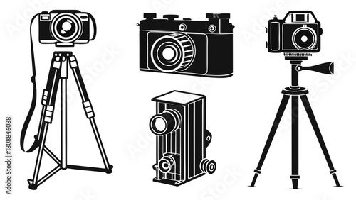 Classic And Modern Photography Equipment Cameras And Tripods Silhouette Vector For Creative Design Media History And Education