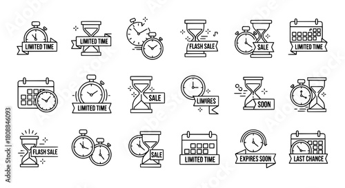 Outline style diverse collection of icons depicting time related concepts promoting urgency and limited offers for sales and marketing promotions