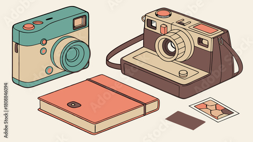 Vintage Cameras Journal Photos Isometric Illustration for Creative Photography Hobbies Travel Memories and Retro Lifestyle Design
