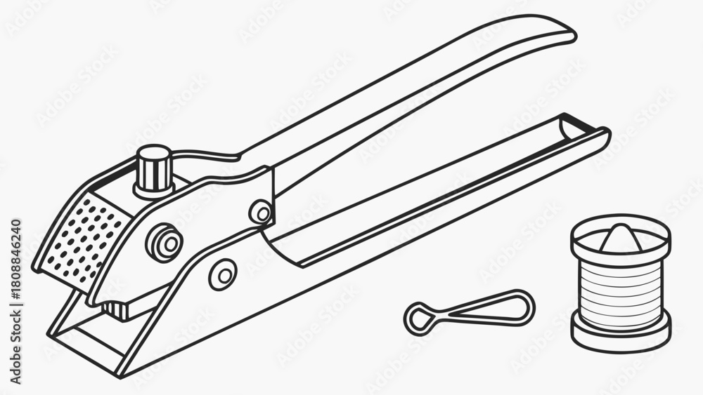 Fototapeta premium Professional Fishing Line Crimping Tool with Spool and Swivel. Essential Tackle for Anglers and Outdoor Enthusiasts Preparing Gear.