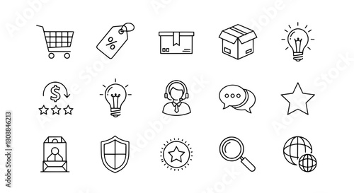 Hand drawn doodle style business and e-commerce icons representing diverse concepts on a clean white background for web design and digital applications