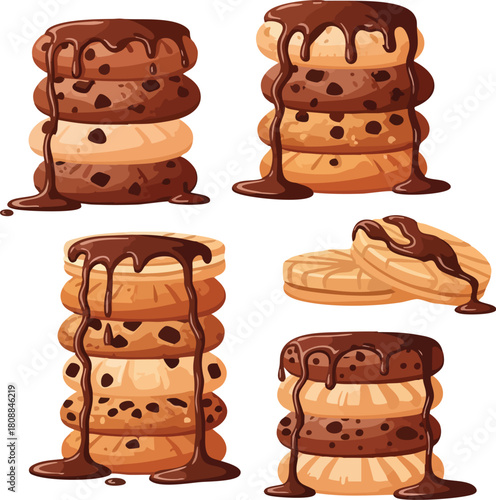 Illustration of chocolate chip cookies stacked with melted chocolate drizzled on top against a clean white background.