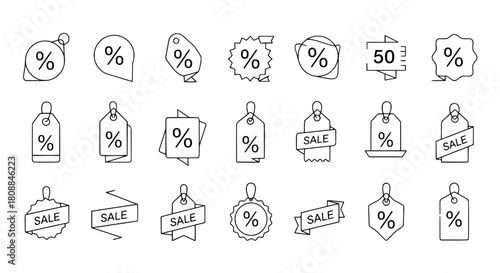 A collection of diverse outline discount and sale icons displaying percentage symbols and text on a clean white background suitable for digital graphic resources