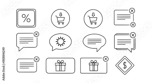 A collection of various linear doodle style icons representing digital communication ecommerce concepts on a white background for modern user interface design