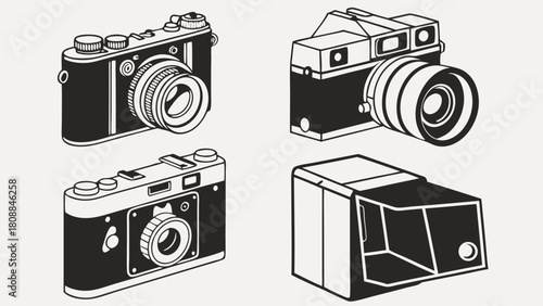 Vintage Film Cameras Line Art Illustration Set for Retro Photography History Creative Design Projects Nostalgic Marketing