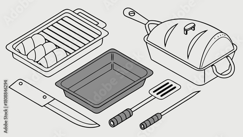 Isometric BBQ Grilling and Roasting Cookware Set for Summer Outdoor Cooking and Family Meals.