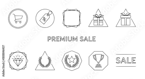 Outline icons premium sale reward shopping graphics presented on white showing ecommerce and loyalty for digital marketing