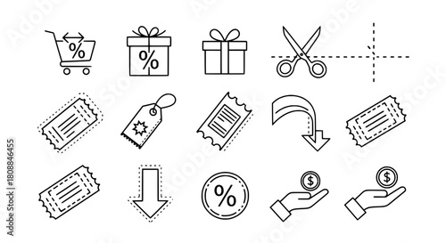 An outline icon collection displaying e-commerce discount promotions including coupons gifts and savings symbols on a white background for digital graphic elements