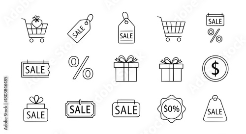 Minimalist outline shopping sale icons collection showcasing discounts and gifts for e-commerce retail promotion on a white background modern vector graphic assets