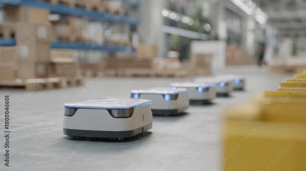 Obraz premium Row of robots in a warehouse. the robots are white and blue in color and are arranged in a neat line on the floor. they appear to be robots with a sleek and modern design.