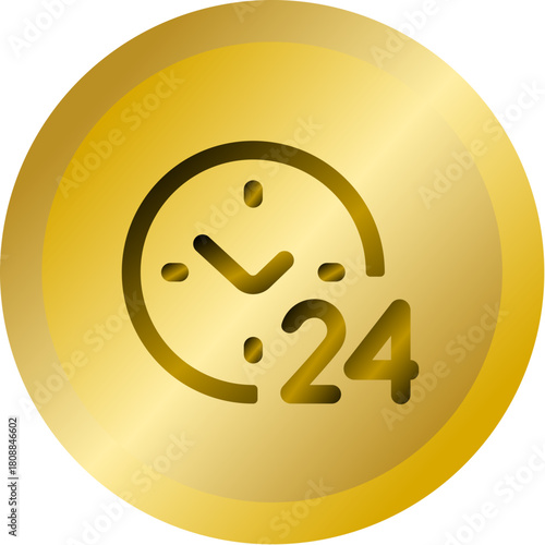 Shiny Gold Round Button With 24h Clock Time Vector Icon
