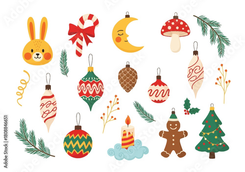 Festive Holiday Ornaments Collection Christmas Tree Decorations Gingerbread Man Candy Cane Moon Bunny Pinecone Mushroom Candle Holly Berries Pine Branches Winter Celebration Vector Elements