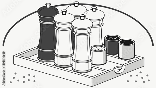 Line Art Illustration of Salt and Pepper Grinders and Shakers on Wooden Tray for Kitchen Cooking and Dining