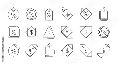 Modern outline diverse pricing label icons representing promotional sales on a clean white background for digital commerce applications vector graphic collection