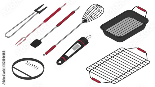 Isometric BBQ Grilling Tools Set. Summer Barbecue Utensils, Grill Pan, Rack, Thermometer, Burger Press for Outdoor Cooking and Food Prep.