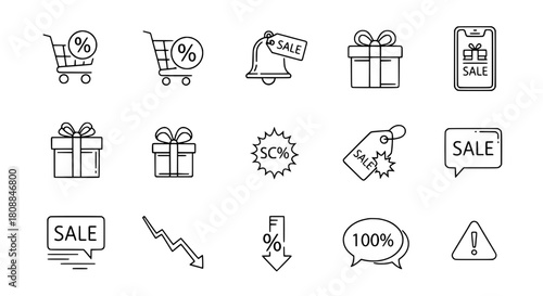 Essential digital marketing line icon collection presenting e-commerce sales offers and shopping activities for web development on a plain white surface