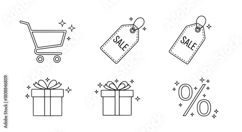 Outlined vector collection of shopping icon set representing retail deals as digital graphic resource on clean white background with cart tag gift percentage