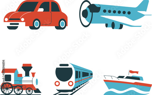 Transportation modes icons set, travel the world by car, plane, train, and boat