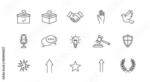 Hand drawn doodle vector icon collection illustrating essential concepts like law communication and success for web design on a simple white background
