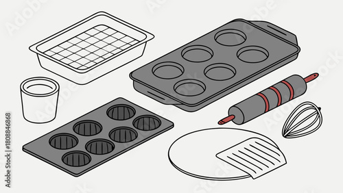 Baking Tools and Kitchen Utensils Isometric Line Art for Homemade Pastry Desserts, Home Baking, and Delicious Culinary Recipes.