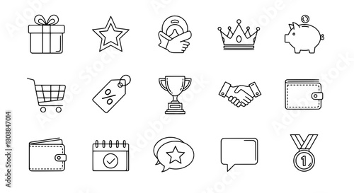 Outline business reward communication icons representing concepts on isolated white background organized digital collection for web UI design