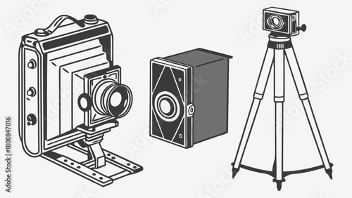 Vintage Photography Cameras and Tripod Illustration Retro Equipment for Creative Design Historical Education Nostalgia Art