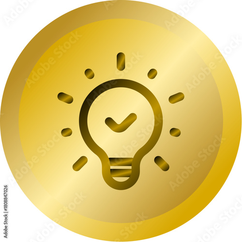 Shiny Gold Round Button With Verified Idea Bulb Vector Icon