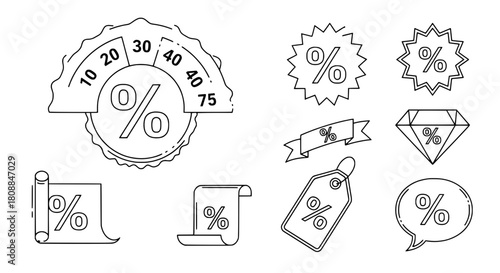 Outline drawing collection of diverse percentage discount icons illustrating retail sales promotions and marketing offers on a white background