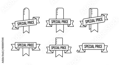 A collection of six various outline special price banner icon designs for retail promotion on a white background