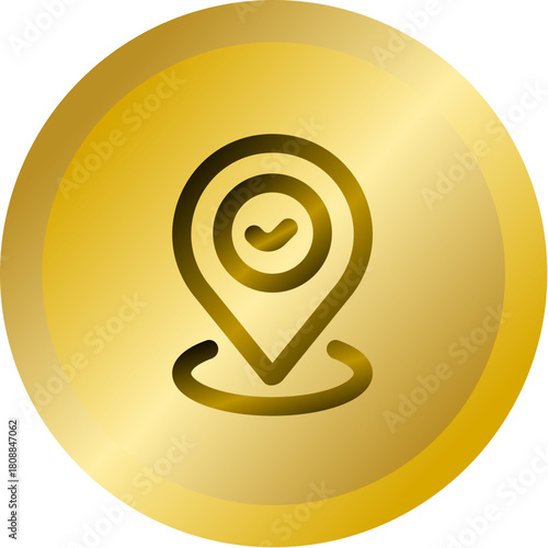 Shiny Gold Round Button With Verified Location Map Pin Vector Icon