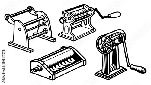Traditional Manual Machines Illustration. Vintage Pasta Maker, Yarn Winder, and Food Processing Tools for Artisanal Kitchen and Craft Design Projects