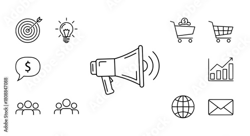 Digital outline vector collection business strategy icons depicting key marketing elements against a minimalist white background a versatile flat graphic for advertising and growth campaigns