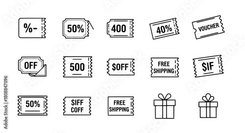 Outline collection of coupon gift icons displaying discounts offers isolated on white as digital graphic resource for retail marketing savings