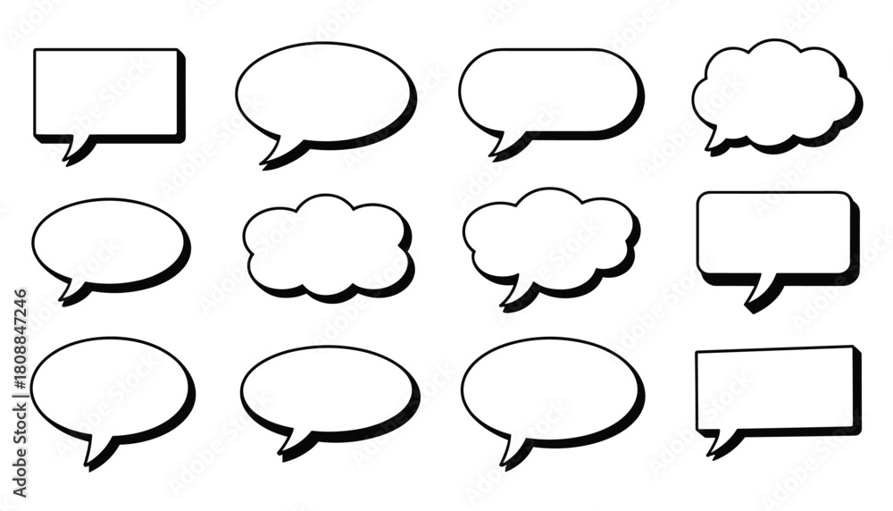 Fototapeta premium Collection of twelve diverse white speech bubbles with black outlines and drop shadows arranged in three rows on a white background