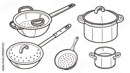 Kitchen Cookware Outline Icons Vector Set Pots Pans Colanders Kitchen Tools Cooking Equipment Home Restaurant Food Preparation Design