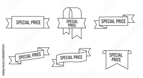 Collection of various outline vector special price advertising ribbons displaying promotions on a minimalist graphic white background