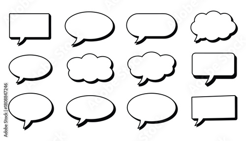 Collection of twelve diverse white speech bubbles with black outlines and drop shadows arranged in three rows on a white background