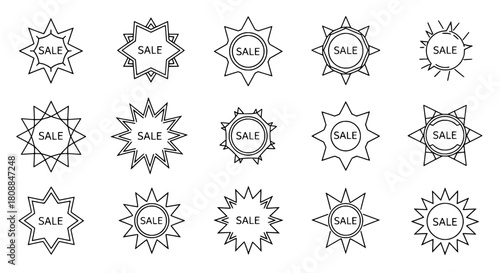 Fifteen diverse outline starburst sale icon collection displaying discount promotions on a crisp white background for retail marketing