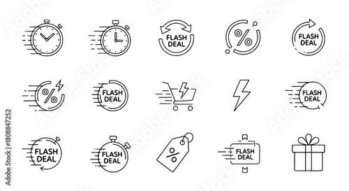 Outline vector line art icon collection illustrating various sales and discount elements with stopwatch symbols lightning bolts and percentage signs for digital marketing campaigns