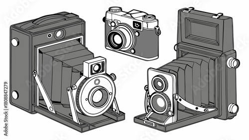 Classic Vintage Folding Cameras and Retro Rangefinder Illustration for Photography History, Nostalgia, and Design