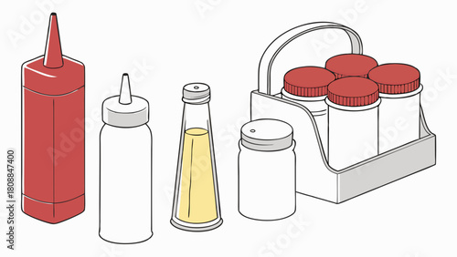 Variety of Condiment Bottles and Spice Shakers in Caddy for Restaurant Kitchen Food Service and Home Cooking