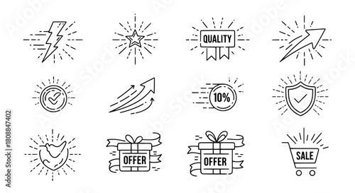 Collection of linear outlined marketing icons representing e-commerce promotion quality on white background emphasized with radiating light for digital assets