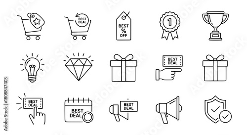 Vector outline icon collection presenting diverse business marketing sales and reward elements on a clean digital interface for web or app design