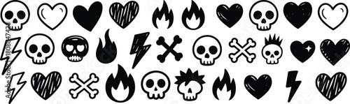 Collection of black and white hand drawn doodle icons featuring skulls hearts lightning bolts flames and crossbones