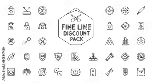 A comprehensive fine line vector icon collection displaying various e-commerce discount and shopping symbols for modern digital interface design on a white background