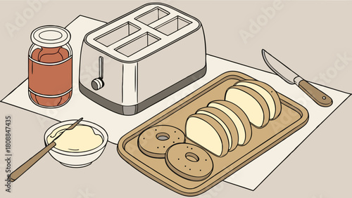 Preparing Breakfast Toast With Toaster Sliced Bread Bagels Jam And Butter Cozy Morning Food For Home And Lifestyle Blogs