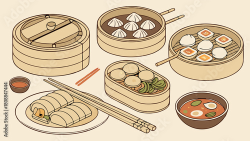 Delicious Traditional Chinese Dim Sum Illustration Steamed Dumplings Buns and Rolls in Bamboo Steamers Perfect for Restaurant Menu Food Blog and Web Design