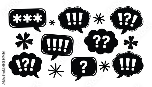 Black speech bubbles with asterisks exclamation marks question marks and clover shapes on white background